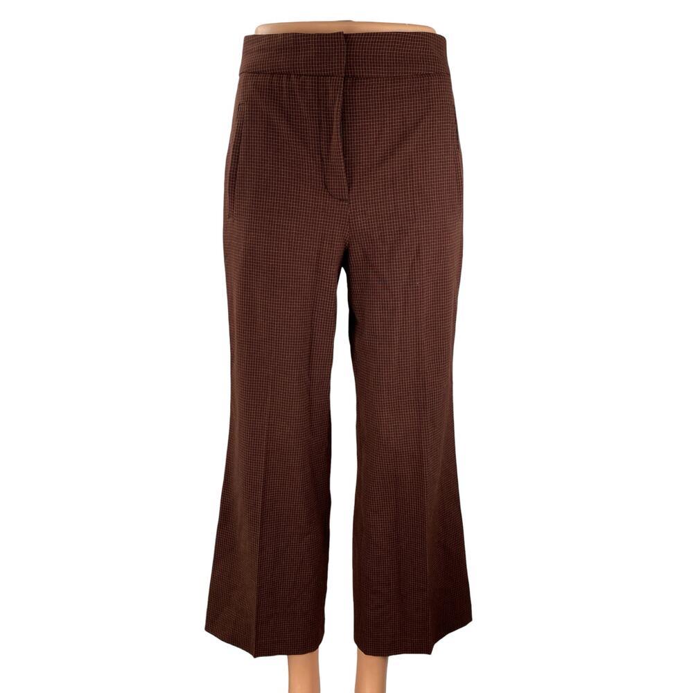 Little Moon Women's Brown Grid Plaid Check Flare Wide Leg Trousers Dress Pants 2
